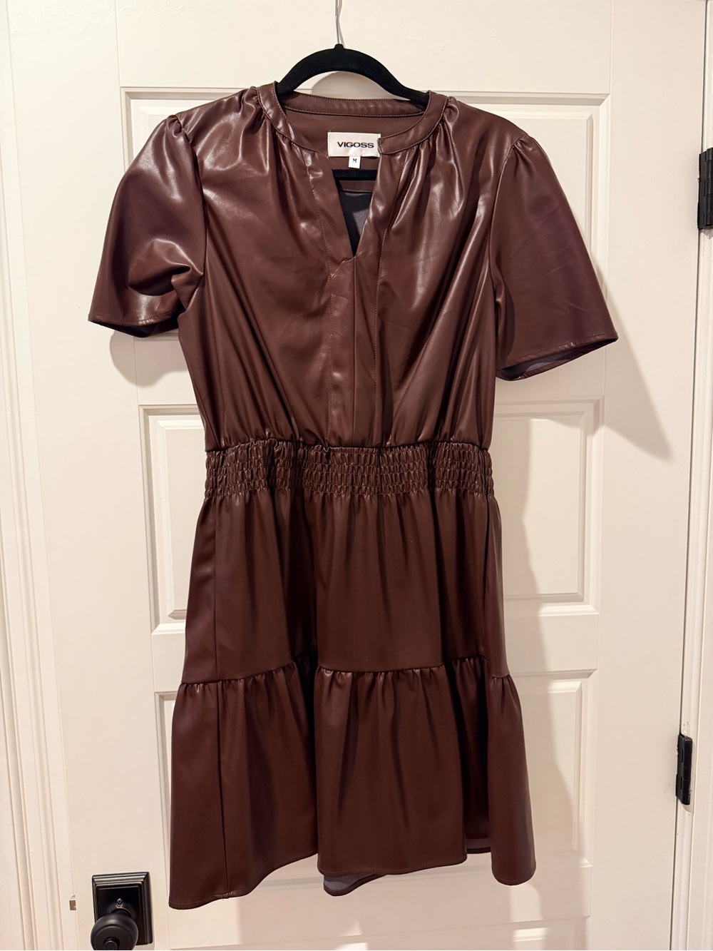 Vigoss Faux Leather Chocolate Brown Short Sleeve Tiered Dress